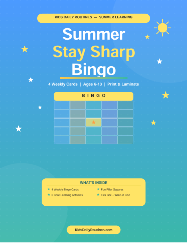 Summer Stay Sharp Bingo — Printable Weekly Learning Activity Cards for Kids Ages 6-13