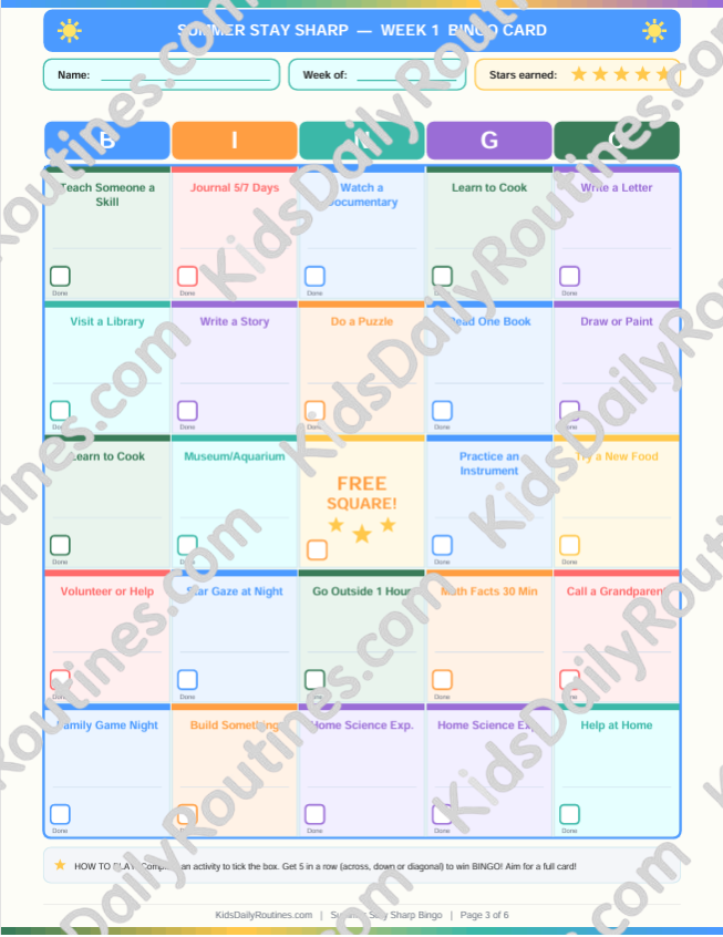 Summer Stay Sharp Bingo — Printable Weekly Learning Activity Cards for Kids Ages 6-13