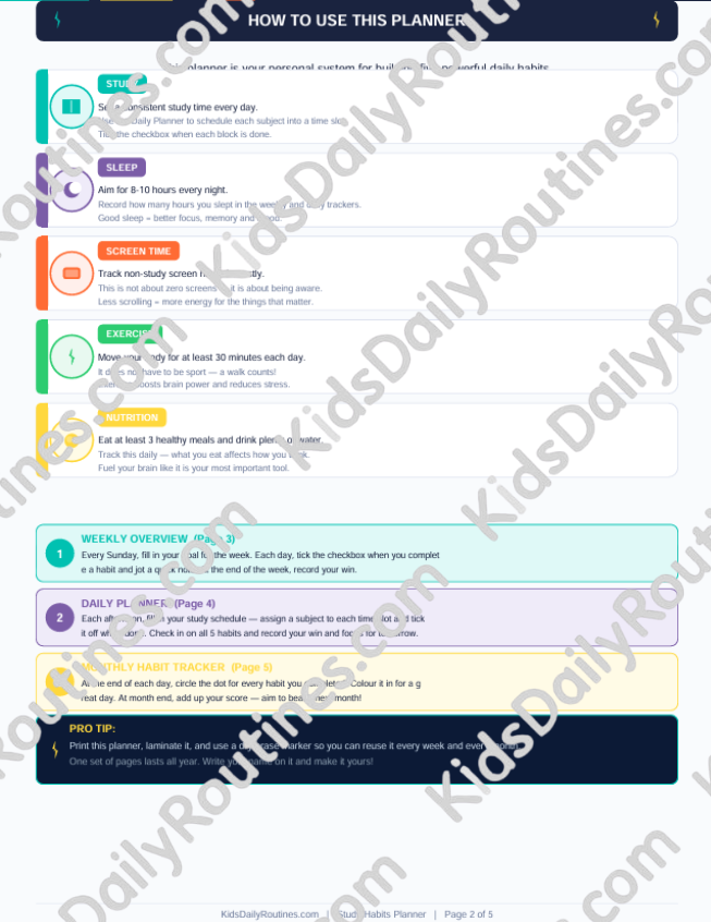 Junior High Study Habits Planner — Printable Study & Habit Tracker for Ages 11-14
